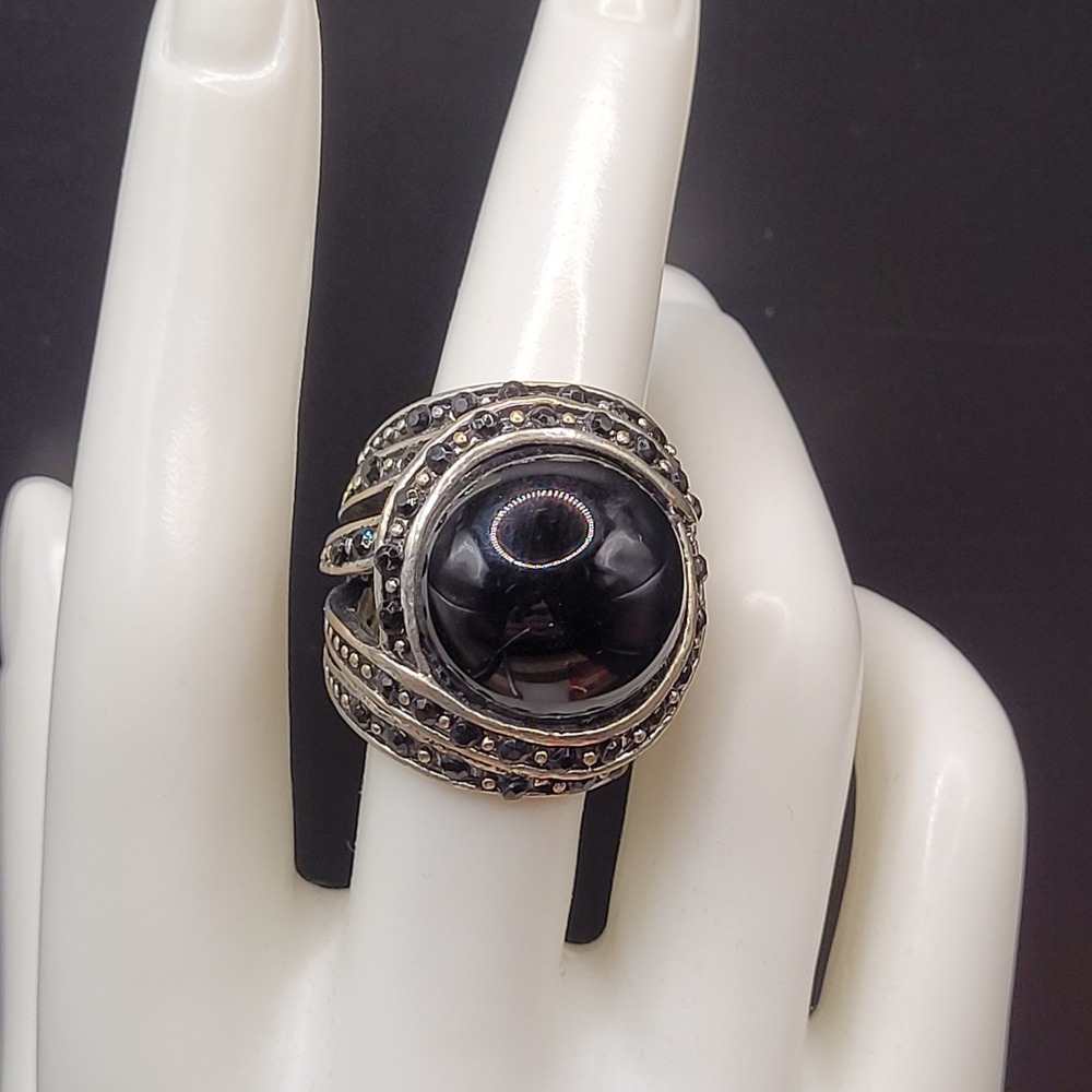 Large Vintage Bold MCM Modernist Cabochon Black Cocktail Ring Silver Tone Size 7